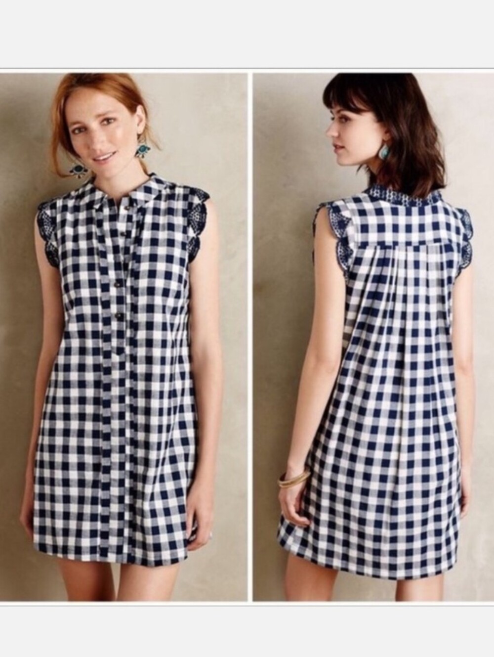 Anthropologie Dear Creatures Blue Gingham Button Down Ruffle Sleeve Dress